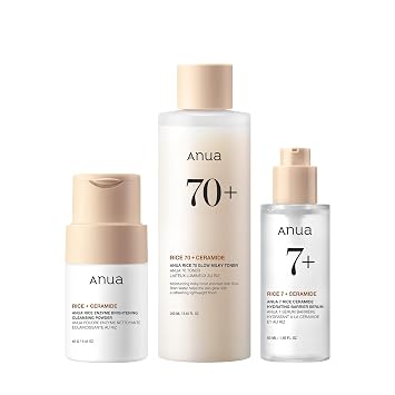 Anua Rice Trio Set : polvo limpiador de arroz, tóner lechoso y suero hidratante, fabricante de mascarillas de malvavisco, para piel de vidrio, cuidado de la piel coreano