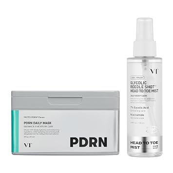 VT COSMETICS Paquete de mascarilla diaria PDRN de 30 hojas y 7% de ácido glicólico Reedle Shot de la cabeza a los pies en niebla