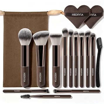 Juego de 16 mini brochas de maquillaje con estuche, kit de brochas de maquillaje de tamaño de viaje, bolsa de brochas de maquillaje con cordón, brochas de maquillaje de viaje y cepillo de