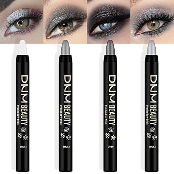 Kaely 4 piezas de barras de sombra de ojos metálicas con brillo ahumado, blanco perla, gris deslumbrante, perla gris, negro perla, plateado, paleta de sombra de ojos con lápiz delineador de ojos