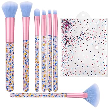 Juego de 7 brochas de maquillaje Crystal Sparkles – Brochas profesionales para mezclar con mango de lentejuelas, bonito kit de brochas de belleza para rubor, base, reflejos, correctores, cejas, labios