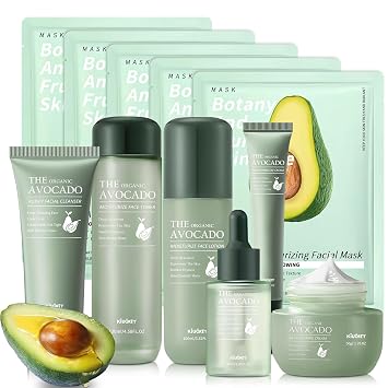 Set de cuidado de la piel de aguacate, set de regalo de 11 piezas con limpiador facial, tónico, suero, crema para los ojos, loción, crema facial y máscaras faciales hidratantes, kit coreano para el