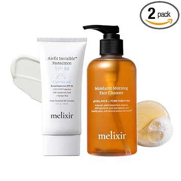 Melixir Airfit - Protector solar invisible y limpiador facial matutino de mandarina para pieles sensibles, protector solar coreano con arroz y ácido hialurónico, sin yeso blanco, limpiador de ácido