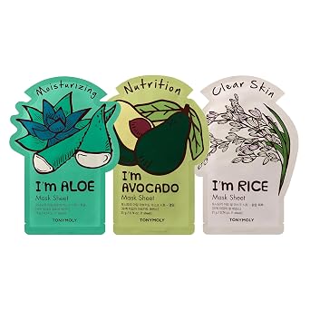 TONYMOLY I'm Real - Máscara de hoja de aloe – Aloe Vera, hidratación y calmante y estoy en hoja de aguacate – Extracto de aguacate e hidratante y paquete de máscara de hoja de arroz – Extracto de