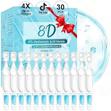 Suero de ácido hialurónico al 4% para cara, ácido hialurónico 8D, suero antienvejecimiento ultra hidratante con 20,000 ppm de acetil hexapéptido-8, ampolla coreana de un solo uso para piel seca y sensible, 30 unidades