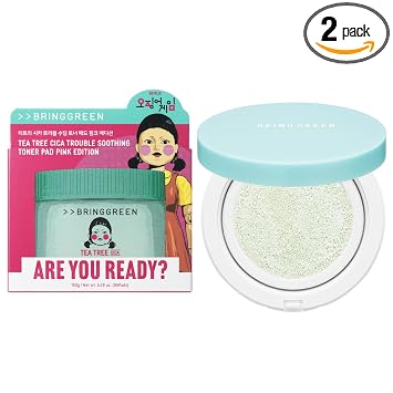BRING GREEN Tea Tree CICA - Cojín solar + almohadilla de tóner del juego del calamar | Juego de cuidado coreano de enrojecimiento y acné con SPF 50+ mineral y almohadilla calmante para problemas |