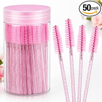 50PCS Disposable Eyelash & Eyebrow Brushes, Mascara Wands for Lash Extension, Brow Grooming and Mascara Application, Pink