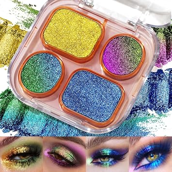 UCANBE Paleta de maquillaje de sombra de ojos multicromo camaleón, 4 colores holográficos metálicos con brillo, paleta de sombra de ojos de alta pigmentación, kit de maquillaje de ojos cremoso duo