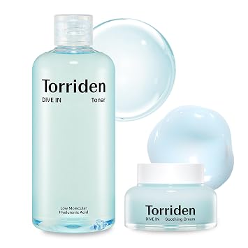 TORRIDEN Dive-in - Tónico de ácido hialurónico de bajo peso molecular, 10.14 onzas líquidas + crema calmante 3.38 onzas líquidas | Vegano Clean Ampolla facial sin crueldad hidratante astringente sin alcohol sin fragancia