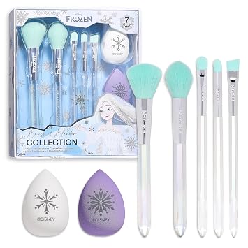 Disney Frozen - Juego de 7 brochas de maquillaje y esponja mezcladora premium, para todo el rostro, iluminador, corrector y brocha para sombra de ojos, 2 esponjas mezcladoras de belleza para mujeres y