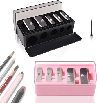 2 sacapuntas de maquillaje manual de punta larga de 5 agujeros con tapa de plástico, adecuado para delineador de ojos, delineador de labios y lápiz de cejas, sacapuntas para lápices de maquillaje