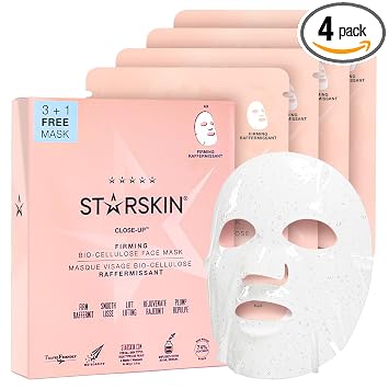 STARSKIN Mascarilla facial reafirmante de biocelulosa, cuidado de la piel coreano, primer plano, paquete de 4