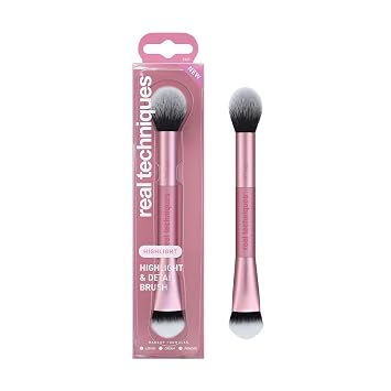 Real Techniques Brocha para resaltar y detallar, resaltador de precisión de doble densidad y brocha de maquillaje de contorno para fórmula líquida, crema y polvo, cerdas sintéticas, vegano y libre de