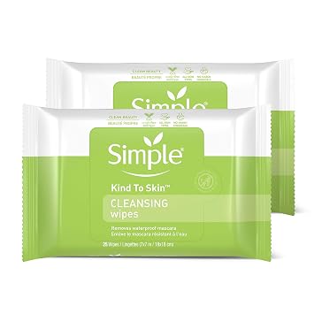Simple Kind to Skin Toallitas faciales Suave y eficaz removedor de maquillaje Limpiar libre de color y tintes, perfume artificial y productos químicos agresivos, 25 toallitas 2 unidades