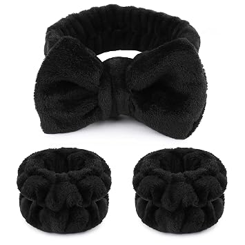 WSYUB - Diadema de maquillaje, muñequeras negras para lavar la cara