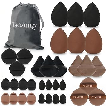Juego de esponjas de maquillaje sin látex, 34 unidades, con triángulos húmedos y secos flocados con bolsa de terciopelo para contorno corrector de base, agradable a la piel