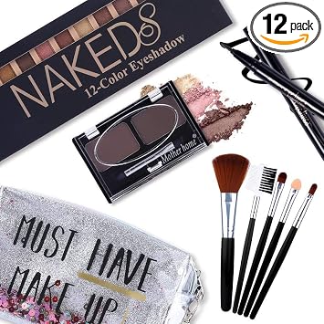 Kit de maquillaje todo en uno, paleta de 12 colores de sombras de ojos desnudas brillantes, lápiz delineador de ojos negro resistente al agua, kit de polvo de cejas prensado en dúo, 5 brochas con