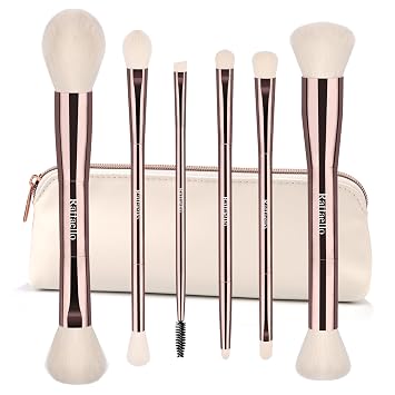 Raffaello Juego de brochas de maquillaje 6 en 12 de doble extremo, pinceles sostenibles de oro rosa con materiales reciclados, incluye bolsa de piel sintética blanca, kit profesional de maquillaje facial y de ojos para viajes y uso diario