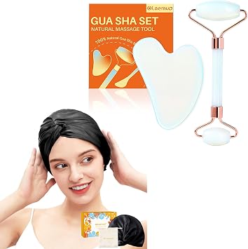 Jade Gua Sha y rodillo facial y gorro de seda para mujeres durmiendo