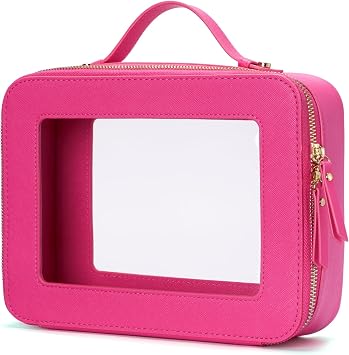 Popvibe - Estuche transparente con cremallera, portátil, compacto para automóvil o viaje para maquillaje, cosméticos, artículos de aseo o esenciales, grande, rosado oscuro