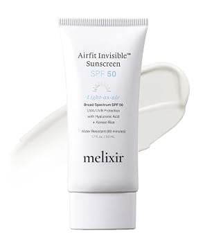 Melixir Airfit Invisible™ Protector solar SPF 50, Protector solar de amplio espectro de arroz coreano para la cara, ácido hialurónico, protección diaria hidratante para piel sensible, sin residuo