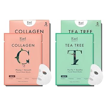Rael Mascarilla facial para el cuidado de la piel, mascarillas faciales – Máscara facial de bambú, cuidado de la piel coreano, todo tipo de piel (colágeno y árbol de té, 10 hojas)