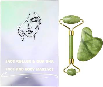 Juego de rodillo facial de piedra de jade real y Gua Sha, masajeador duradero de doble cara, reafirma la piel, reduce la hinchazón y la relajación