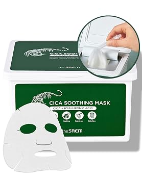 THESAEM Cica Soothing Mask 30ea - Hoja de mascarilla facial calmante diaria - Centella asiática, ácido hialurónico y pantenol - Esencia hidratante con hoja vegana - Cuidado de la piel coreano