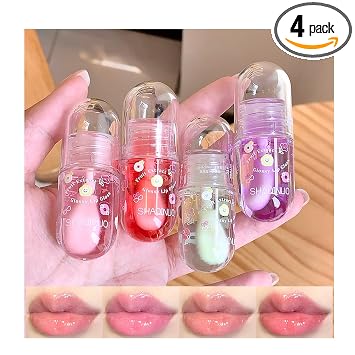 Juego de 4 aceites de brillo de labios, juego de brillo labial con sabor a fruta, lindo maquillaje de labios hidratante para mujeres, regalo de fiesta, no tóxico