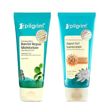 Pilgrim Crema hidratante coreana de cica con 5 ceramidas y protector solar de gel de ácido hialurónico al 1% SPF 50 PA ++++ | Hidratación profunda, fortalece la barrera de la piel y protección solar |