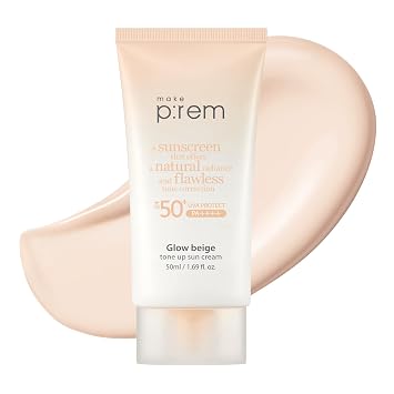 MAKE P:REM Protector Solar Tono Beige Brillante, Cuidado Solar Mineral Sin Base, Corrección del Tono de la Piel, Ligero, Protector Solar Coreano, Cuidado de la Piel Coreano, SPF 50, 1.69 fl.oz. (50ml)