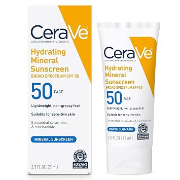 CeraVe Protector solar 100% mineral SPF 50, protector solar facial con óxido de zinc y dióxido de titanio, ácido hialurónico + niacinamida + ceramidas, sin aceite, tamaño de viaje 2.5 onzas