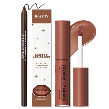 HOSAILY Juego de pintalabios con brillo labial nutritivo y delineador labial marrón, brillo labial hidratante de alto brillo desnudo con efecto voluminizador, brillo labial ligero y fresco para mujer