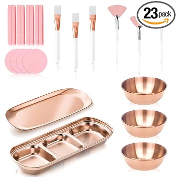 23 piezas de suministros de esteticista oro rosa, 3 cuencos mezcladores de mascarillas faciales de acero inoxidable, 3 cepillos faciales tipo abanico, 3 cepillos planos, bandeja para el cuidado de la