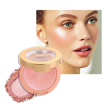 OULAC Maquillaje Pink Lumious Blush | Rubor y resaltador en polvo 2 en 1 | Brillo metálico brillante | Forma y rostro resaltado | Sin crueldad animal y brillo de resaltado | F06 Pinky Ice