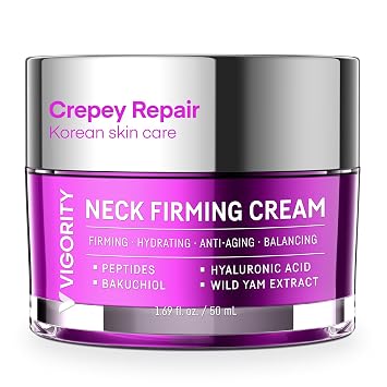 Vigority Crema reafirmante coreana para el cuello con fórmula de centella asiática, péptidos y bakuchiol para cuello y escote, piel crepey, arrugas y sequedad - 1.69 fl oz