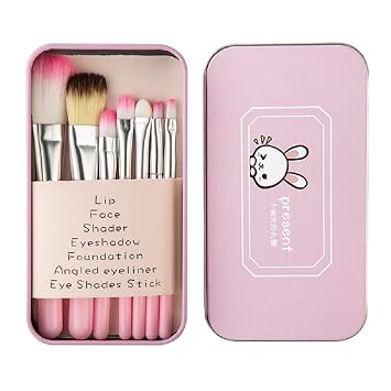 Pimoys - Juego de 7 brochas de maquillaje para niños, base de cejas, delineador de ojos, brochas para corrector cosmético para niños y niñas, mujeres trave, color rosa con estuche