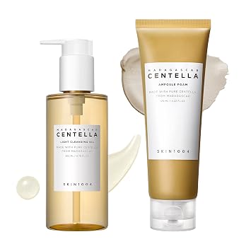 SKIN1004 Centella Double Cleansing Duo - Aceite limpiador de 6.76 onzas líquidas y limpiador de espuma de ampolla de 4.23 onzas líquidas, juego de regalo de limpiador facial suave coreano, removedor de maquillaje con centella de Madagascar, cuidado de la p