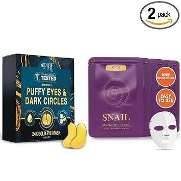 LA PURE Paquete de cuidado facial y ocular, máscara de hoja de mucina de caracol coreano y máscaras de oro de 24 quilates para debajo de los ojos, antiarrugas, antienvejecimiento, sin crueldad animal