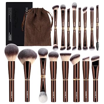 MAANGE Juego de 16 brochas de maquillaje profesionales para base, polvo, rubor, contorno, sombras de ojos de doble punta con bolsa y caja de regalo - Marrón Café