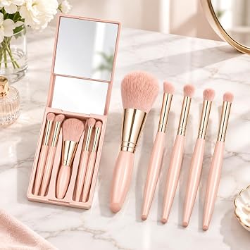 Travel Makeup Brush Set with Mirror, 5 Pcs Minimalist Brown Mini Portable Cosmetic Kit for Eye Shadow, Blush & Powder, Soft Synthetic Bristle Professional Beauty Tool Case