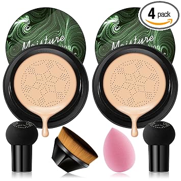 2 unidades de crema CC con cojín de aire de cabeza de hongo, crema hidratante duradera para control de aceite para todo tipo de piel, corrector de cobertura completa, base líquida, juego de maquillaje facial con cepillo de base y esponja de maquillaje A