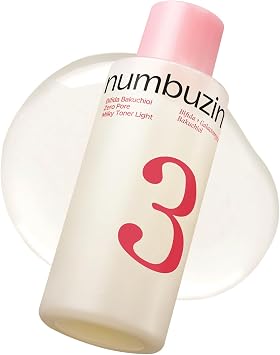 numbuzin No.3 Bifida Bakuchiol Zero Pore Milky Toner Light - Tóner hidratante para poros, textura desigual para pieles sensibles, 6.76 onzas líquidas