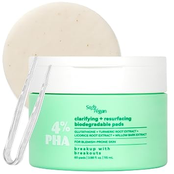 SoloVegan Almohadillas de tóner PHA 4% | Cuidado de la piel coreano vegano para pieles sensibles y propensas al acné, antes del maquillaje, cuidado personal de rutina matutina, (almohadillas tonerosas