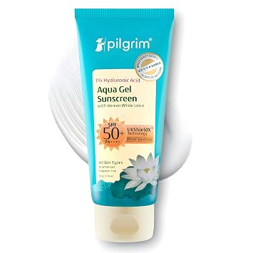 Pilgrim Aqua Gel Protector solar SPF 50+ PA+++ con 1% de ácido hialurónico y loto blanco coreano | Protección UV de amplio espectro | Protector solar hidratante ligero para todo tipo de piel | 1.69