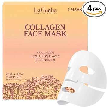 Mascarilla facial de colágeno coreano 2026 para el cuidado de la piel (paquete de 4) – Máscara de hoja de hidrogel con niacinamida para piel de vidrio – Mascarilla facial hidratante durante la noche