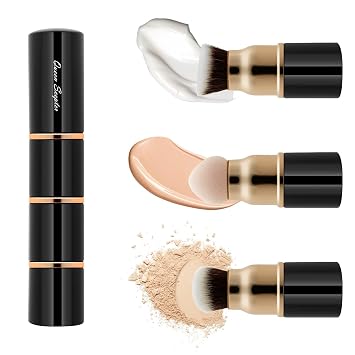 3 en 1 Profesional Líquido Base de Maquillaje Set Kabuki Face Blush Foudation Brush Powder Esponja para polvo/Líquido/Crema Viajes Cosméticos Cepillos de Maquillaje con Tapa