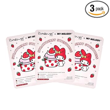 The Crème Shop x My Melody - Máscara de hoja de esencia impresa de dulzura de fresa, máscara de hoja coreana, regalos de vacaciones para mujeres, rellenos de calcetines (paquete de 3)