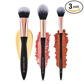 Profusion Cosmetics Artistry Essentials - Juego de brochas faciales de 3 piezas, herramientas de maquillaje para base, polvo y fijación, cerdas veganas y libres de crueldad animal