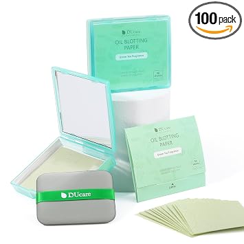 DUcare Hojas de secado de aceite para la cara, papel secante de té verde para piel grasa con estuche de espejo portátil y soplo de maquillaje, hojas absorbentes de aceite para cara, 100 unidades